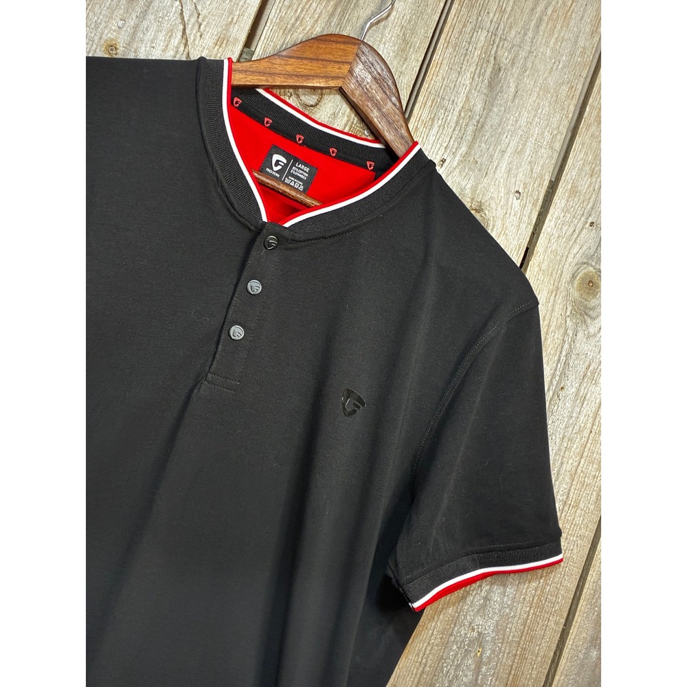 Fried Denim Mens Black Henley Shirt Red White Tipped Trim Large Short Sleeve